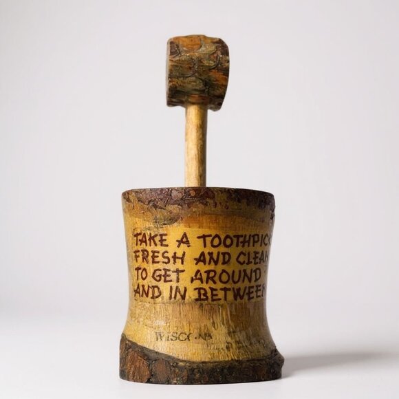 Retro wood toothpick holder made in Japan fun saying carved wood kitschy vibe - Picture 1 of 5